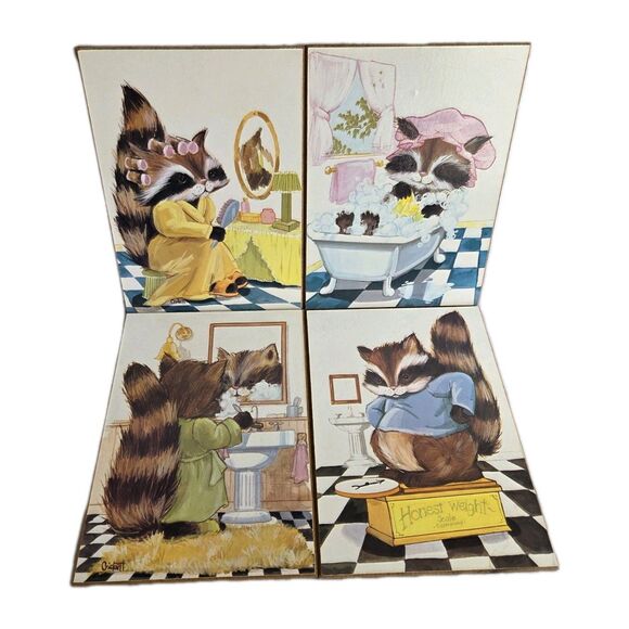 4 VINTAGE 60's Cartoon RACOON Pictures BATHROOM Artwork CRICKETT Wall Plaque SET - Picture 1 of 7